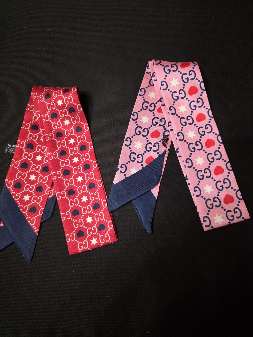 Luxury Inspired Satin Twilly Scarves in Pink & Red with Navy Tips Set Of 2
